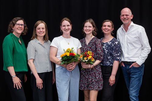 Preisträgerinnen und Jury medius 2025: (v.l.) Carola Richter, (FU), Sophie Pohle (DKHW), Charlotte Claus, Cassandra Bunte, Judith Kunz (mabb), Christian Kitter (FSF)