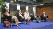 Ulrike Demmer (Der Spiegel), Thomas Krüger (Bundeszentrale für politische Bildung), Klaus Beck (Moderator, FU Berlin), Klaus Dittko (Scholz and Friends), Reinhard Borgmann (ARD) - Podiumsdiskussion "Medienhauptstadt Berlin" im ARD-Hauptstadtstudio