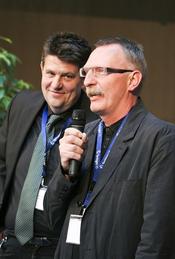 Joachim Trebbe (FU Berlin), Klaus-Dieter Altmeppen (Vorsitzender DGPuK) begrüßen die Gäste - ARD-Hauptstadtstudio - 57. Jahrestagung der Deutschen Gesellschaft für Publizistik- und Kommunikationswissenschaft vom 16. bis 18. Mai 2012 in Berlin