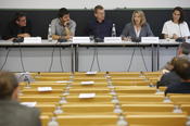 Podiumsdiskussion mit Joachim Trebbe, Christian Katzenbach, Matthias Spielkamp, Barbara Thomaß und Sevda Arslan (v.l.n.r.)