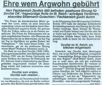 Kritik am Ehrengrab für Dovifat in der studentischen Zeitschrift "Lankwitz Telegraph", Nr. 30, 8. Mai 1990, S. 1