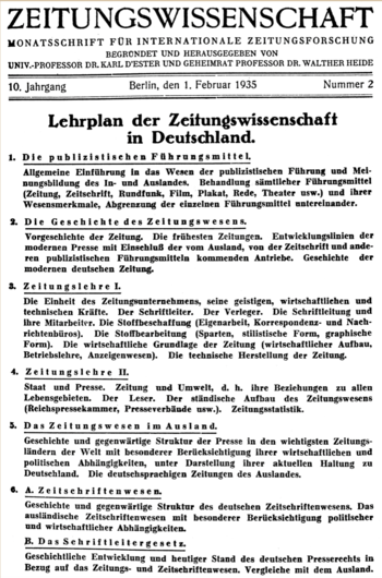Lehrplan der Zeitungswissenschaft. Monatsschrift für Internationale Zeitungsforschung, Februar 1935.