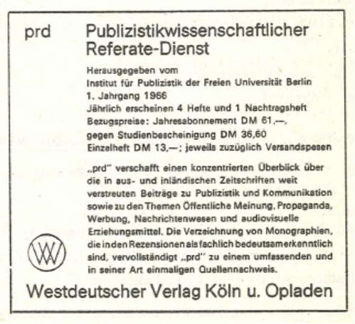 Inserat für den Publizistikwissenschaftlichen Referatedienst (prd)