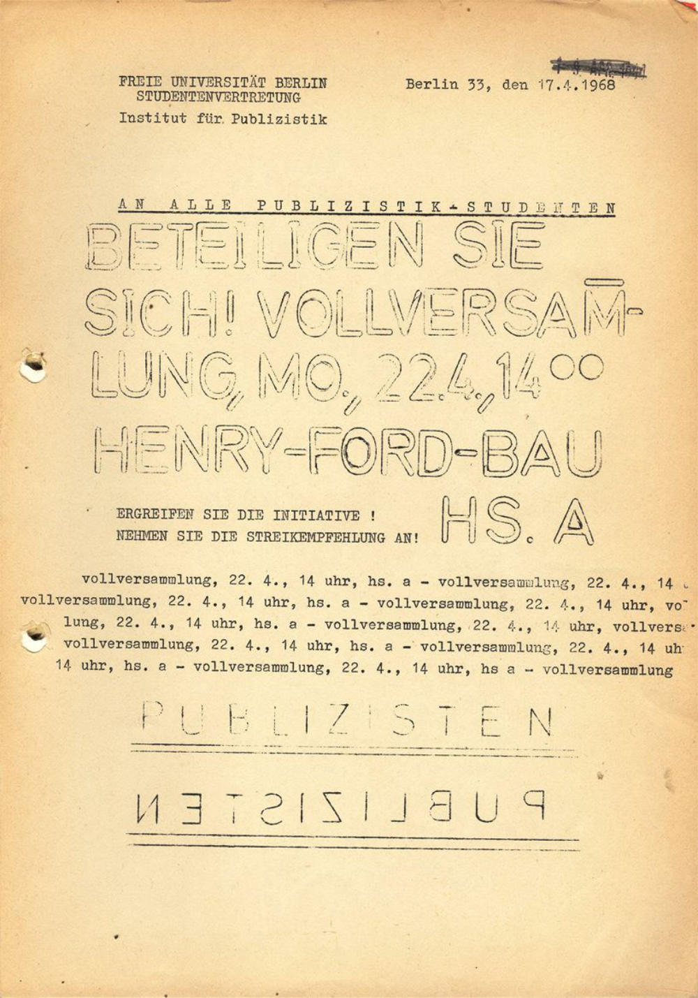 Flyer zur Vollversammlung der Publizistik-Studierenden am 22.04.1968