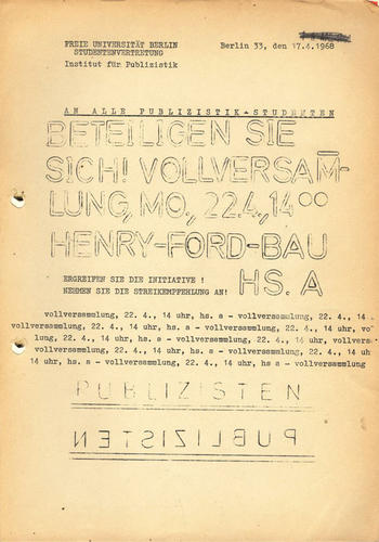 Flyer zur Vollversammlung der Publizistik-Studierenden am 22.04.1968
