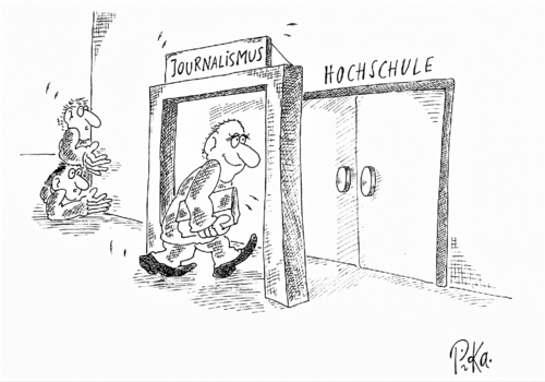 Karikatur zu einem Artikel über die ungewisse Zukunft der Journalisten-Weiterbildung an der Freien Universität (1984)