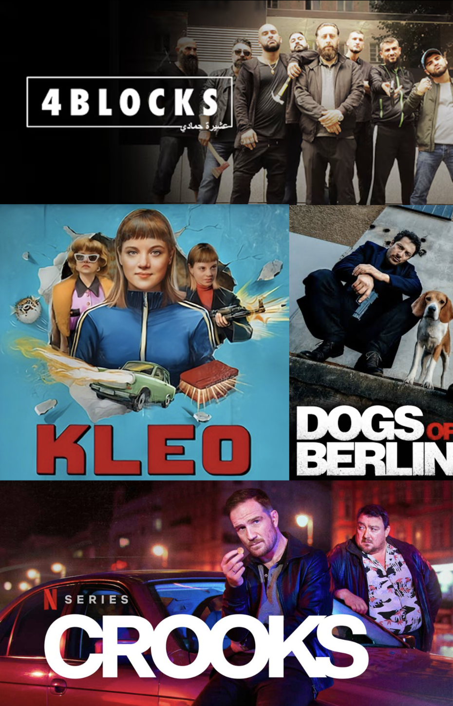 Filmplakate von Kleo, 4 Blocks, Dogs of Berlin und Crooks.