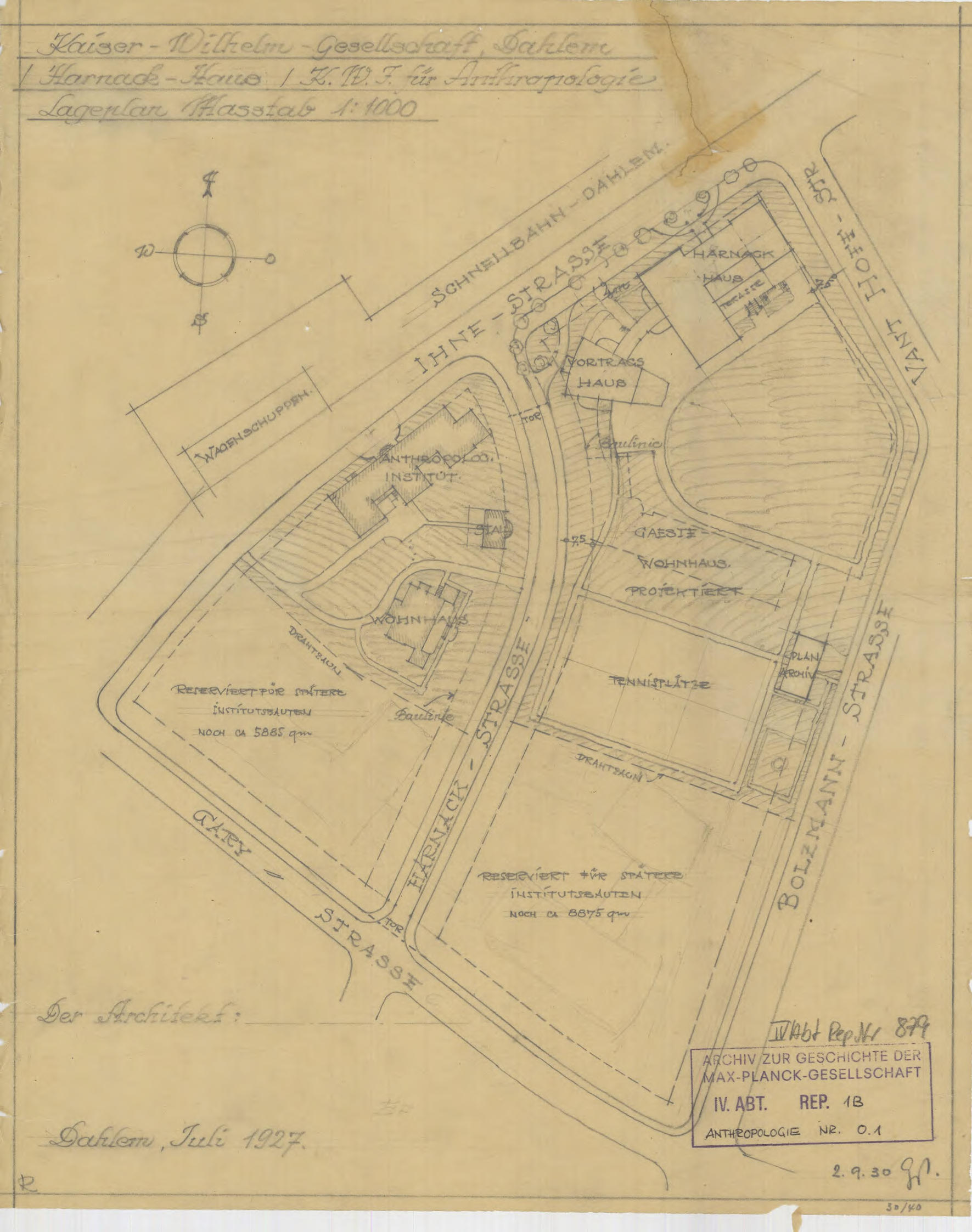 Bauplan für die KWI-A-Gebäude in der Ihnestr. 22 & 24 (Juli 1927)