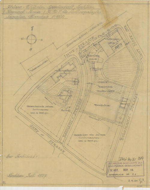 Bauplan für die KWI-A-Gebäude in der Ihnestr. 22 & 24 (Juli 1927)